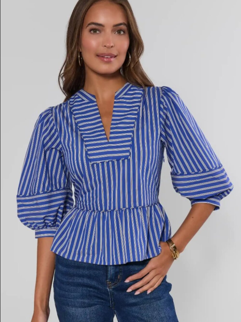 Avara Blue Striped Split Neck Peplum Top